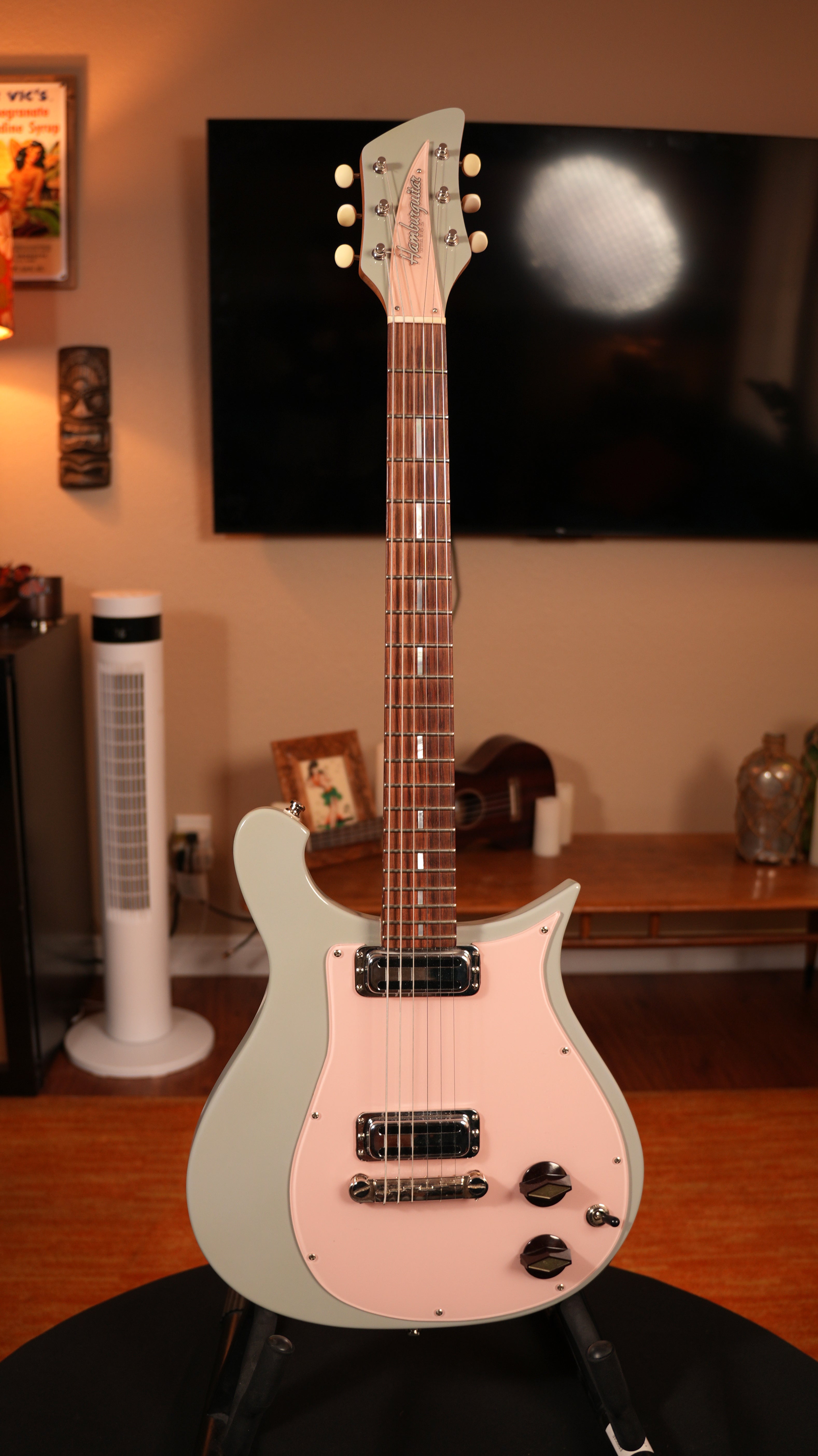 2013 Hamburguitar Custom "Crescent Wave" George Harrison Tribute – Pale Grey & Pastel Pink w/ Custom Rickenbacker Pickups & Hardshell Case