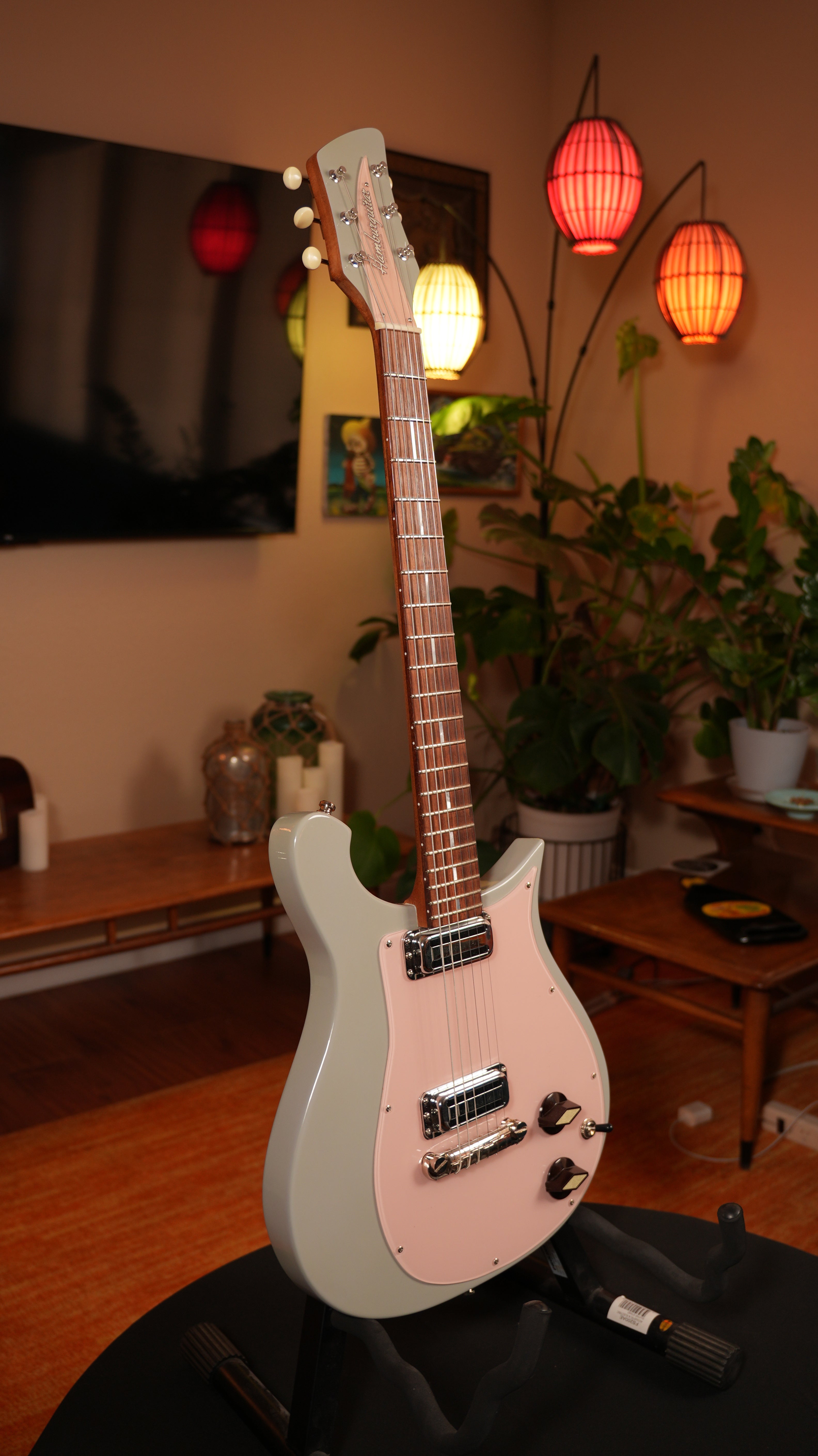 2013 Hamburguitar Custom "Crescent Wave" George Harrison Tribute – Pale Grey & Pastel Pink w/ Custom Rickenbacker Pickups & Hardshell Case